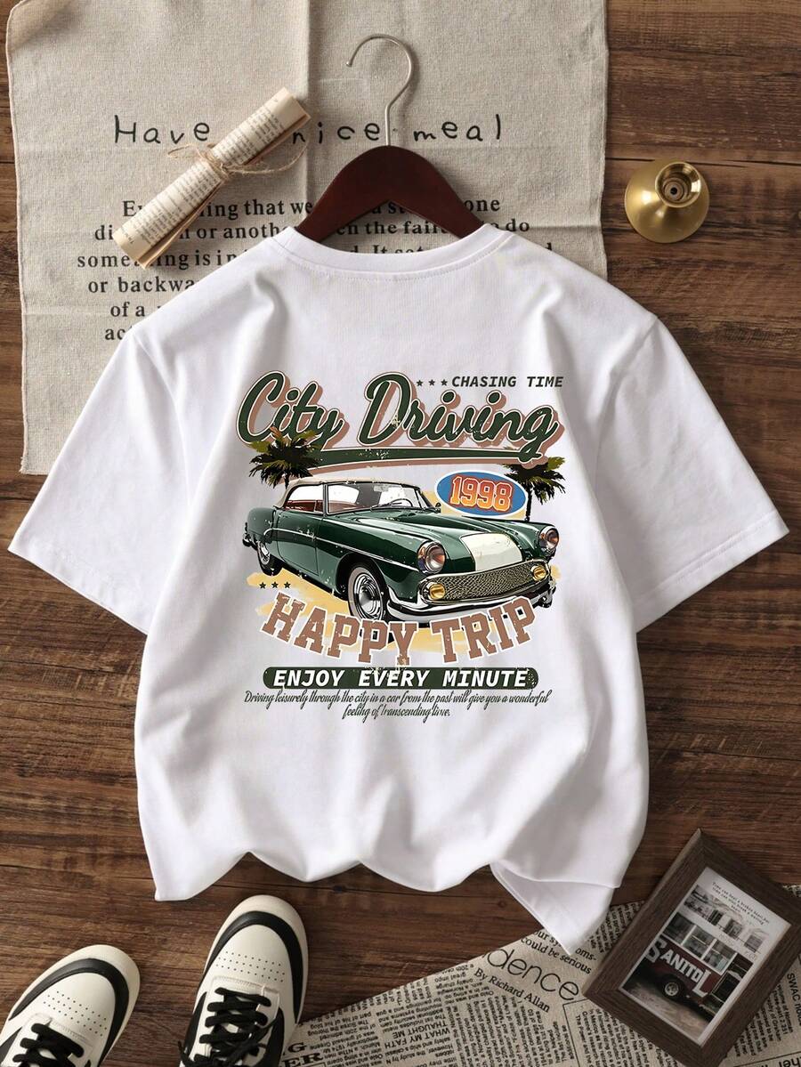 Camisetas impresas para niños de 4 a 16 años para niños y niñas One Boys Short-Sleeve  White Top with Retro City Driving Car Graphic and 1998 Happy Trip Slogan Super Soft and Breathable Vintage Casual Style Ideal for Family Road Trips Weekend Park Visits After School Hangouts Casual Playdates or Daily Outdoor Activities in Mexico - Blanco - Ver 1