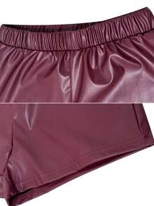 LovelyWholesale 女士时尚休闲百搭Y2K风格弹力腰PU皮紧身短裤，酒红色，适合夏季、派对、夜店穿着 - 酒紅色 - 查看 7