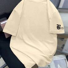 Men's Plus Size Casual Crew Neck T-Shirt With A Minimalist Design And Stylish Handwritten Fonts In Black Ink. - 杏色 - 查看 3