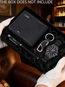 4件套极简商务休闲男士石英表套装，配件齐全（包括黑色金属表带罗马数字石英表、黑色几何纹理皮革钱包、黑色金属钥匙扣和黑色金属笔）。采用全黑配色，极简商务设计。 - 黑色 - 查看 1