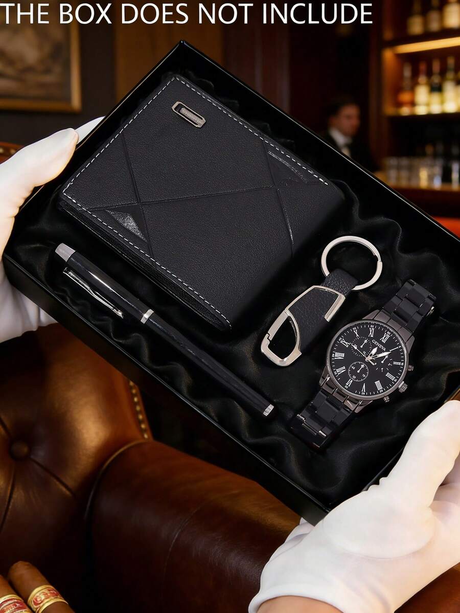 4件套极简商务休闲男士石英表套装，配件齐全（包括黑色金属表带罗马数字石英表、黑色几何纹理皮革钱包、黑色金属钥匙扣和黑色金属笔）。采用全黑配色，极简商务设计。 - 黑色 - 查看 1