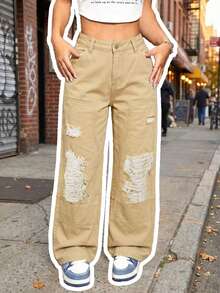 休闲女式超长直筒牛仔裤，破洞细节设计，无弹力面料，适合日常穿着 - 卡其色 - 查看 1