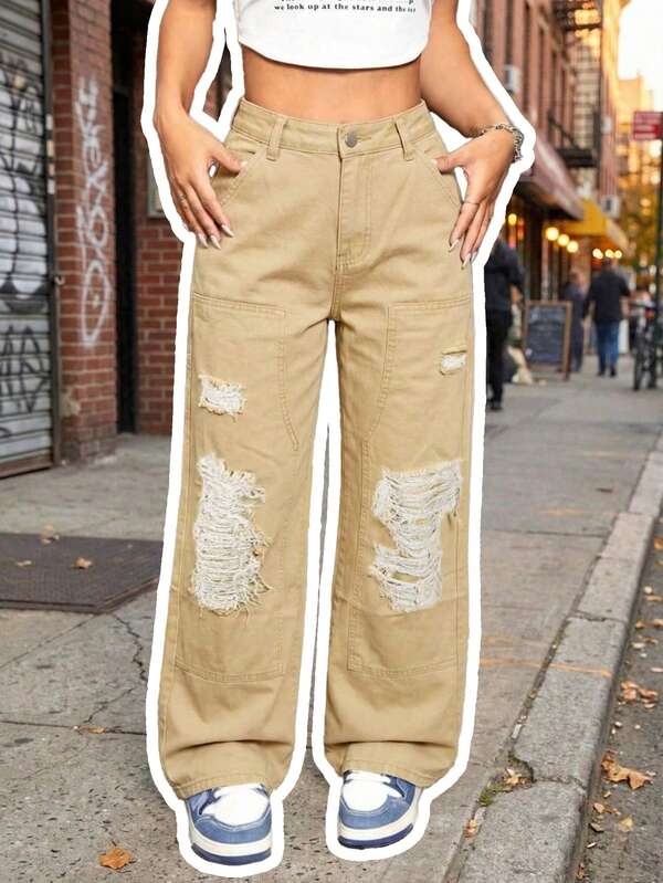 休闲女式超长直筒牛仔裤，破洞细节设计，无弹力面料，适合日常穿着