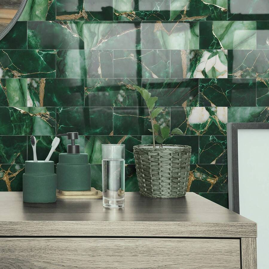 Luxury Green Marble With Gold Veins Self-Adhesive Tile Stickers 4x8 Inch Thickened Crystal Foam Waterproof Oil-Proof Backsplash Tiles For Kitchen 16/32/64 Pcs - SJM - View 1