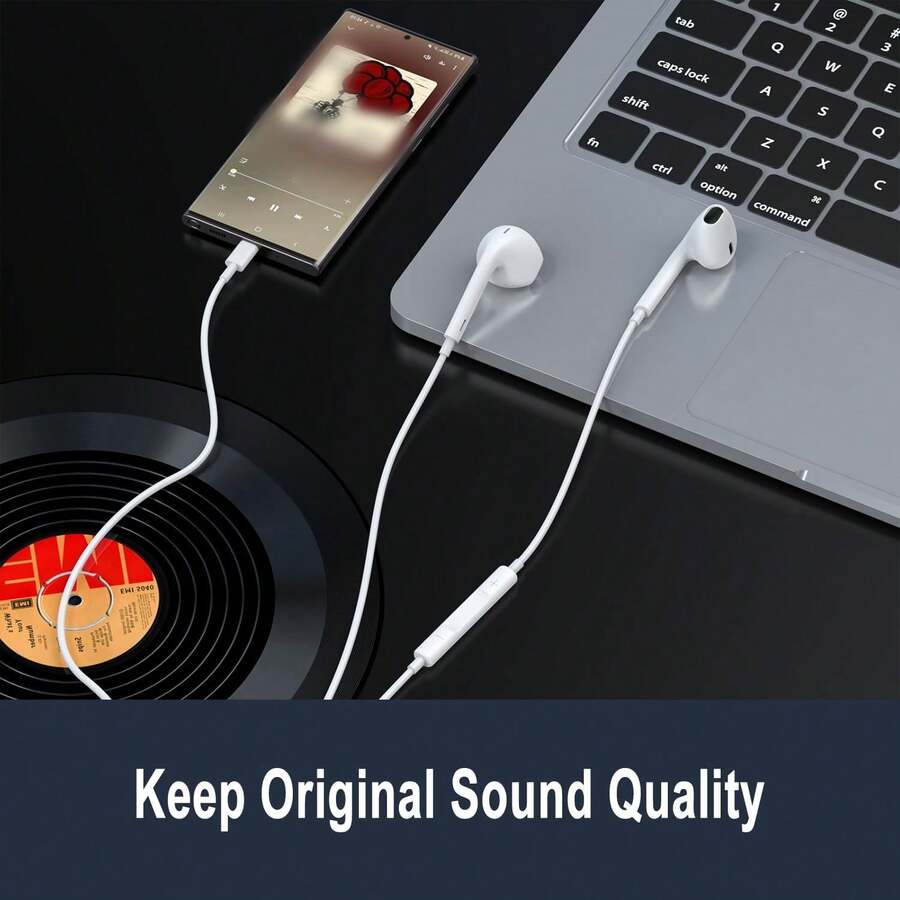 Type-C 有线耳机，USB-C 耳塞式耳机，音频耳机，电子通话和音乐，低音立体声入耳式耳机，兼容/PC - 白色 - 查看 1