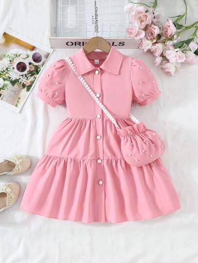 2件套/组，适合4-7岁幼儿，纯色珍珠装饰珍珠纽扣泡泡袖开衫连衣裙+斜挎包，适合日常及户外穿着