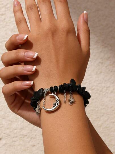 1pc INS Style Star, Face, Moon Pendant Bracelet With Asymmetrical Natural Blue Sandstone Beads For Women