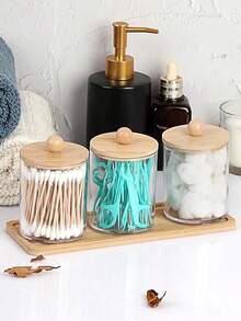 Set Penyimpanan Tisu Basah & Kapas Akrilik 3 Buah untuk Kamar Mandi, dengan Tutup Bambu - Kotak Penyimpanan Kapas & Bantalan Kapas Plastik Transparan dengan Baki Bambu - A - View 3