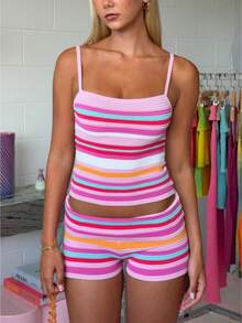 Women's Stripe Knit Spaghetti Strap Crop Top Shorts Casual Summer Loungewear Shorts Sets Matching Outfit For Party Clubwear Vacation - 粉色 - 查看 1