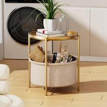 Mesa Auxiliar Redonda con Cesta de Tela Mesita Auxiliar Metálica Mesitas auxiliares Redonda Plegable con Bandeja extraíble Ideal para Dormitorios y Salas de Estar 47 * 47 * 50CM-B006 - como en la foto - Ver 4