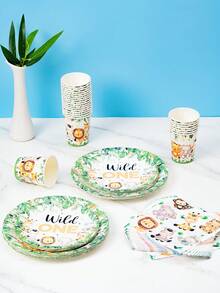 Conjunto de 1 unidade com pratos, guardanapos e copos descartáveis com tema de animais da selva. Ideal para festas de aniversário, casamentos, festas temáticas e piqueniques em família. Suprimentos descartáveis de papel para uma única utilização, adequados para até 8 convidados. - Multicolorido - Ver 4