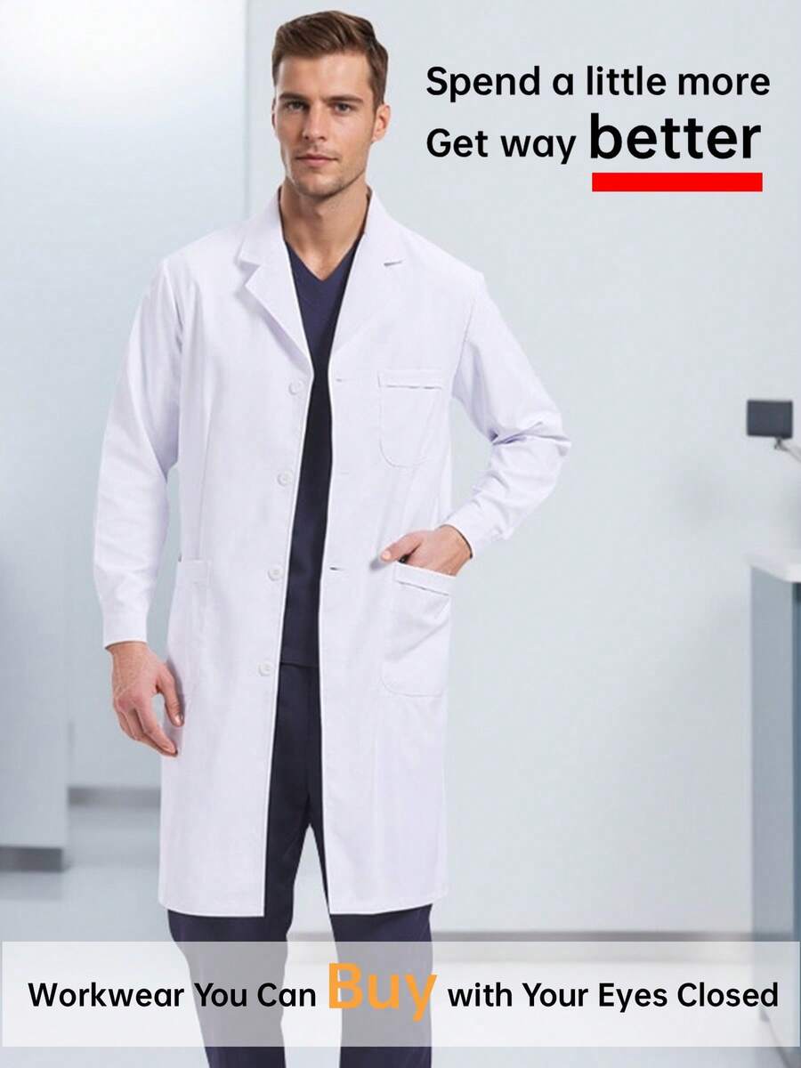 Men's White Lab Coat: Thick & Durable, Button Cuffs Adjustable, Loose Fit Non-Restrictive, Wrinkle-Resistant Fabric, Machine Washable - White - View 1