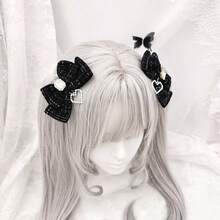 蕾丝发饰，手工头饰，心形格纹复古蝴蝶结双马尾夹，甜美 - 黑色 - 查看 1