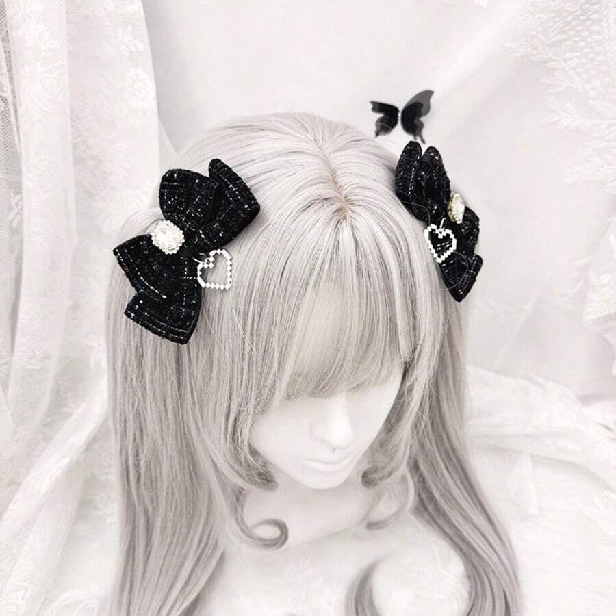 蕾丝发饰，手工头饰，心形格纹复古蝴蝶结双马尾夹，甜美 - 黑色 - 查看 1