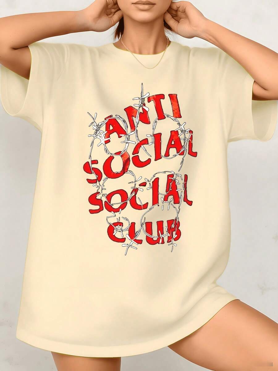 Women's Short Sleeve Anti Social Club Graphic Print T Shirt Loose Fit 100% Cotton Round Neck Tee They Are Excellent Gifts For Friends And Family Casual Streetwear Style 1Pcs - 杏色 - 查看 1
