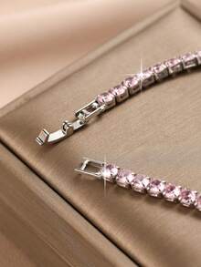 2 peças/1 conjunto Pulseiras de Corrente de Tênis de Zircônia Cúbica Rosa Requintada para Presentes de Aniversário, Festival e Decoração Diária de Joias de Cobre para Adolescentes - Pulseira - Visão 11