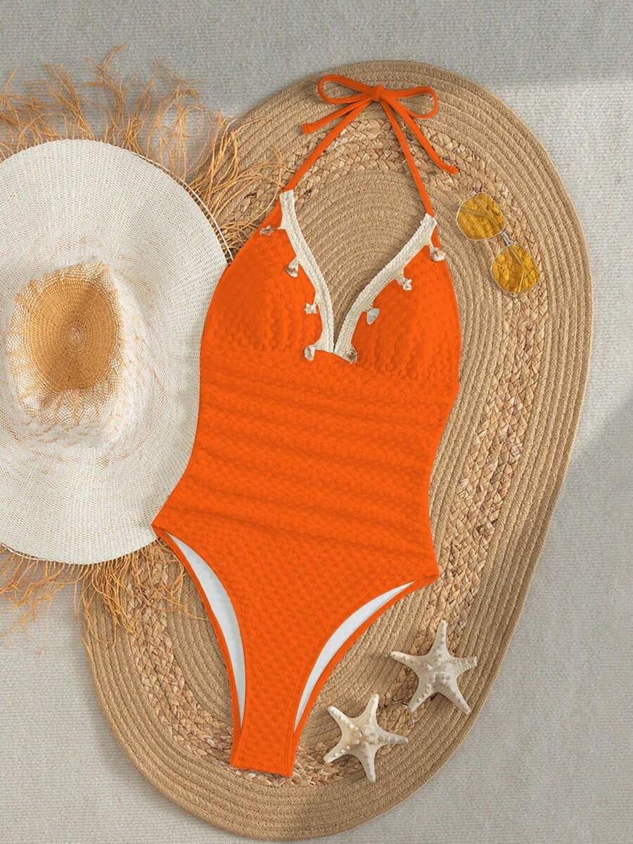 女士纯白夏季沙滩度假休闲吊带串珠特殊面料贝壳海星流苏装饰荷叶边连体泳衣（流苏装饰位置随机） - 珊瑚橙 - 查看 1