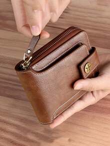 1pc Customized Men's Wallet Gift - Fashion Brown Faux Leather Wallet With Engraved Design, Snap Closure, Zipper Card Slots And Coin Pouch, Elegant Father's Day Special Occasion Men's Accessory | Personalized Durable Wallet - Multicolor - View 2