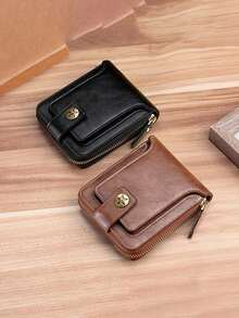 1pc Customized Men's Wallet Gift - Fashion Brown Faux Leather Wallet With Engraved Design, Snap Closure, Zipper Card Slots And Coin Pouch, Elegant Father's Day Special Occasion Men's Accessory | Personalized Durable Wallet - Multicolor - View 4