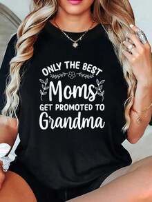 Camiseta de abuela con arte de mujer, mamá ascendida a abuela. Camisetas de algodón cómodas. Conjuntos de primavera y verano 2026 para mujer, blusas negras tees - Negro - Ver 6