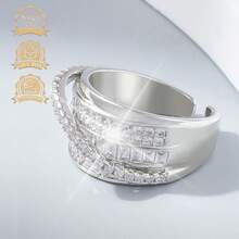 1pc Luxury Fashion Elegant Unique 925 Sterling Silver Synthetic Cubic Zirconia Geometric Line Open Ring, Suitable For Women's Vacation, Party, Banquet - Silver - View 6