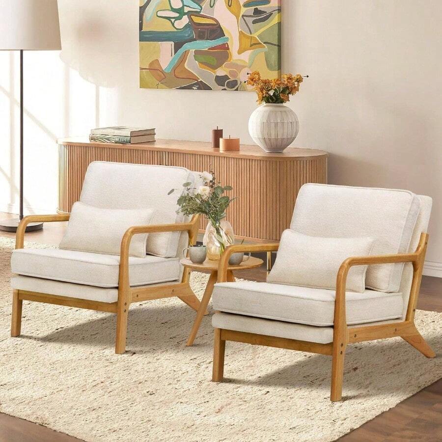 Mid - Accent Chair Set Of 2 With Solid Wood Frame, Reading Relaxing Armchair Lumbar Pillow Soft Cushion, Leisure Chair Living Room, Bedroom, Waiting Room - Beige - Màu be + 2 món - Xem 1