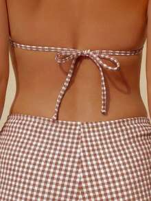 wohenmeili 格子印花挂脖扭结比基尼套装，波西米亚风图案高弹比基尼，女士系带三角泳衣上装和侧系带褶皱丁字裤，沙滩装，特制格子面料女士泳装 - 淺棕白格 - 查看 9