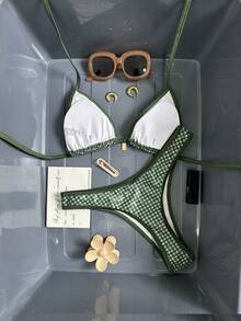 Bộ bikini kim loại kẻ caro gợi cảm phong cách Y2K 2026, áo hai dây + quần buộc dây, đồ bơi nữ, trang phục đi biển, đồ bơi xuyên thấu cho ngày Valentine, món đồ cần thiết cho kỳ nghỉ hè. - kẻ sọc xanh - Xem 6