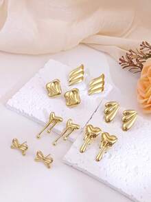 6 Pairs Stainless Steel Jewelry Set For Women Fashion Women Earrings Women Jewelry Minimalist Geometric Fashionable, Luxurious, Simple, Elegant, And Personalized Chunky Gold Stud Earrings For Teen Girls Summer Beach Vacation Bikini Accessories Attractive Clothes, Wedding Dresses Accessories - Versatile JewelryPerfect For Wearing While Swimming, Bathing, Exercising ,Great For Valentines Day, Birthday, Mother Day, And Vacation Surprises. - Gold - View 10