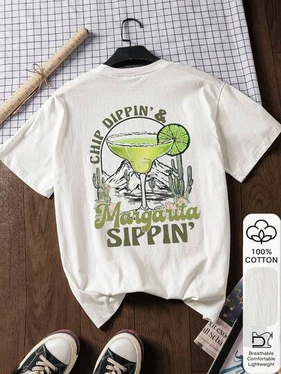 西部牛仔仙人掌鸡尾酒印花100%纯棉短袖T恤，夏季T恤，图案T恤，休闲夏季，纯棉T恤，夏季上衣，东方美学街头风图案T恤 - 100%优质纯棉复活节短袖T恤，2026返校季，校园穿搭灵感，返校必备，开学第一天，2026返校季时尚，复古女式上衣，学院风白色