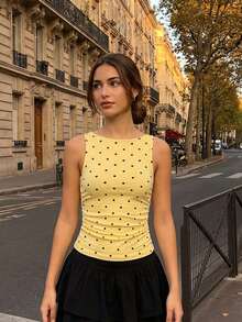 Women Tank Top, Sleeveless Tops Crew Neck Tie-up Dots Print Slim Fit Summer Clubwear - Amarillo - Ver 3