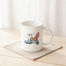 Fox In Car With Rainbow And Squirrel Mug Coffee Tea Cup Gift For Animal Lover Funny Cartoon Design - 白色 - 查看 6