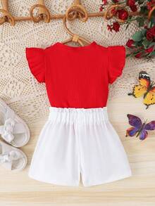 2pcs Young Girls Elegant Casual Red Cap Sleeve Top + Printed Shorts Set, Commuter Outfit - Red - View 2