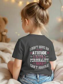 Young Girl Casual Graphic Print Crew Neck Short Sleeve T-Shirt, Summer Top - Dark Grey - View 1