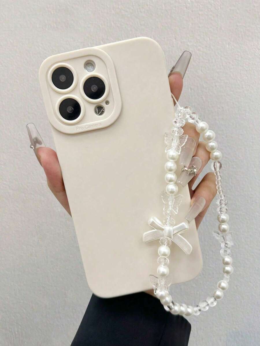 1pc Solid White Pupil Phone Case With Bow Pearl Wrist Strap, Soft TPU Protective Phone Cover Compatible With Iphone 17 16 15 14 13 12 11, Gift For Valentine's Day, Birthday, Christmas, Halloween, Boyfriend, Family And Friends - Multicolor - View 1