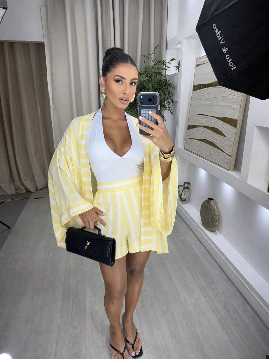 Women's Kimono And Shorts Set - Yellow - View 1