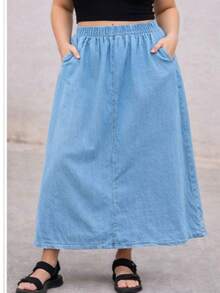 Lightweight Denim Skirt With Elastic Waistband And Pockets - Summer - Rửa nhẹ - Xem 14