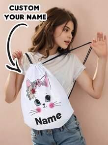1pc Customized Name Cartoon Cat Pattern Drawstring Backpack, Can Be Customized According To Your Unique Design, Perfect For Children, Print Your Own Name Or Print Your Sister's And Classmates' Names As Gifts For Them - Multicolor - View 3