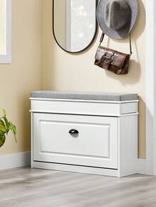 SoBuy 帶座墊的換鞋凳，儲物空間，帶蓋鞋櫃，鞋架，狹窄，節省空間的長凳，帶儲物空間，適用於走廊、客廳，白色復古木紋效果 75x51x24cm FSR82-L-WG - 75x51x24 cm 白色 - 查看 2