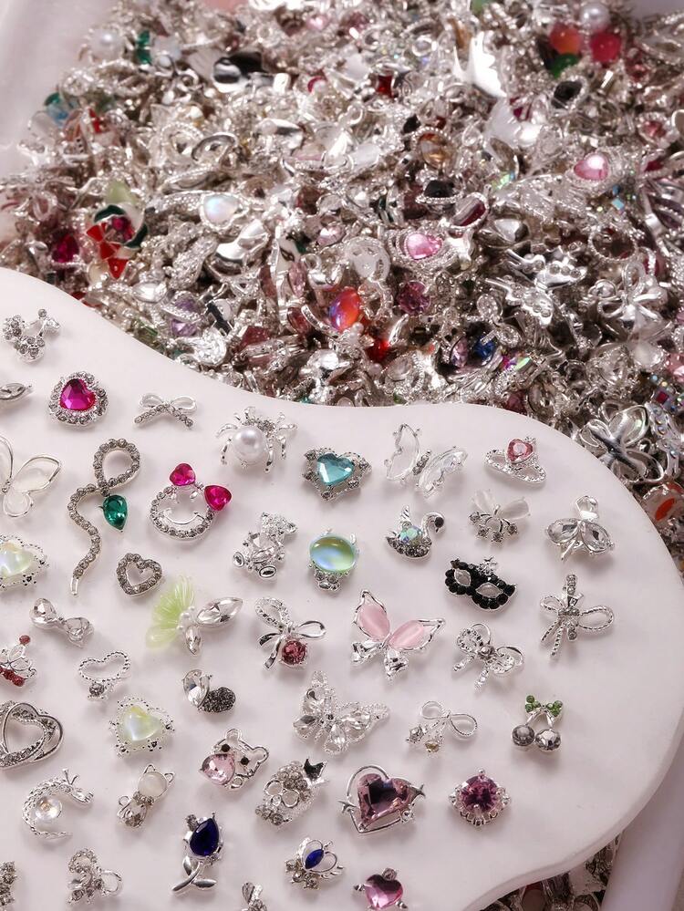 100/500pcs Luxury Diamond Series Mixed Ribbon, Pentagram, Planet, Butterfly, Heart, Teddy Bear, Bow, Flower, Pendant, Snake, Key, Spider Nail Art Decorations, Rhinestone Metal Nail Jewelry, Luxury Nail Stickers In Various Colors, DIY Nail Art Accessories, Women/Girls Metal Nail Supplies, Nail Gems, Multi-Purpose DIY Decor For Nails, Phone Cases, Shoes, Clothes, Bags, Crafts - Multicolor - View 2
