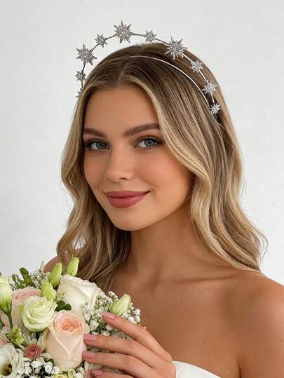 1PC The Personalized Baroque-Style Sun-Moon Earrings, Double-Layer Hexagram Hairband, And Diamond-Studded Dazzling Combination. The Irregular Geometric Circular Pendant Is Suitable For Women's Ball, Wedding Party, Gathering, Eid Celebration, Or As A Gift For Friends.