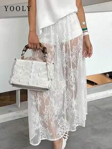 Váy ren trong suốt màu trơn Yooly, quần cạp chun co giãn, phong cách thường ngày hiện đại, thích hợp mặc đi biển nghỉ mát mùa hè. - trắng - Xem 2