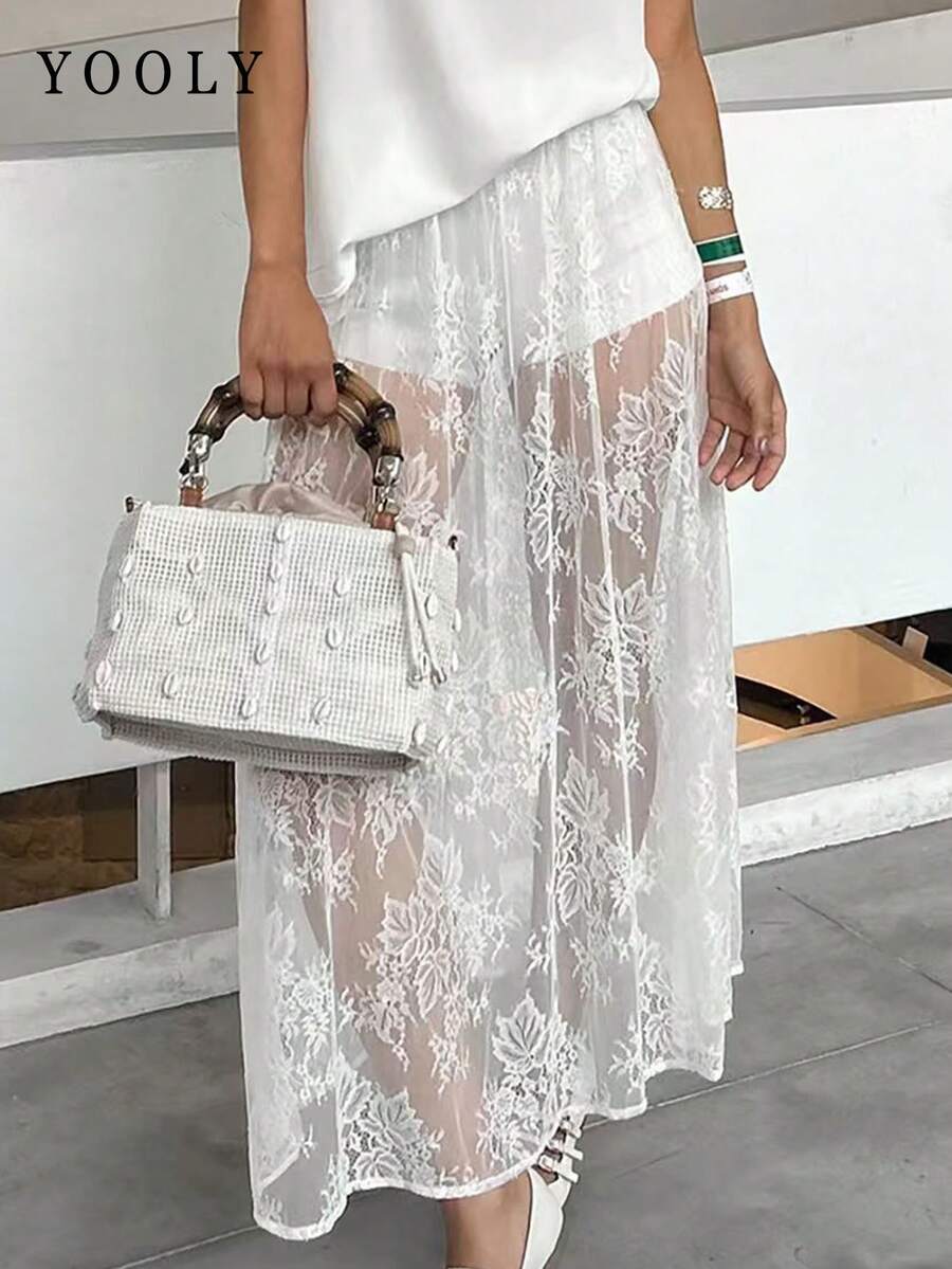 Váy ren trong suốt màu trơn Yooly, quần cạp chun co giãn, phong cách thường ngày hiện đại, thích hợp mặc đi biển nghỉ mát mùa hè. - trắng - Xem 1