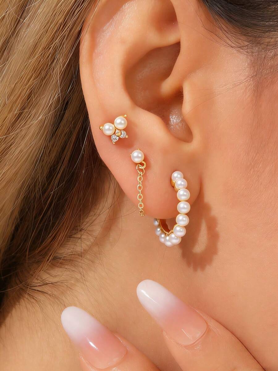 6pcs/Set New Fashionable Minimalist Pearl C-Shaped Luxury Earring Set, Elegant Stylish Personalized Pearl Jewelry Set, Gift - Earring Set - View 1