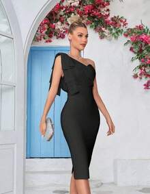 Lace Up  One Shoulder Bow Bodycon Midi Graduation Birthday Dinner Dress - Black - View 3