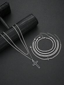 6pcs Fashionable Minimalist Business Men's Rhinestone Cross Bracelet & Stainless Steel Necklace Jewelry Set, Gift For Boyfriend, Daily Commute, Versatile - Silver - View 5