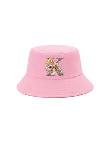 1顶女童粉色花卉字母图案渔夫帽，26个字母个性化时尚款，复古优雅轻便防晒，适合生日、节日、返校、四季休闲、户外、日常佩戴 - 粉色 - 查看 7