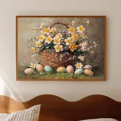 1件，帆布墙画，带框墙饰，复活节彩蛋图案，复活节柳条篮春季花卉场景，复活节篮子彩蛋，儿童房装饰，复活节彩蛋墙画，复古复活节彩蛋，复活节装饰，复活节海报，春季装饰，春季家居装饰，房间装饰美学，宿舍装饰，客厅装饰，餐厅装饰，厨房装饰，卧室装饰，春季海报