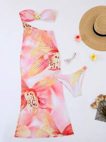 Bộ bikini 3 mảnh in hoa, kiểu dáng giản dị, dễ thương, thanh lịch, gợi cảm, phong cách Bohemian, buộc dây phía sau, thích hợp cho bãi biển, kỳ nghỉ, mặc hàng ngày, kỳ nghỉ xuân/hè, màu hồng. - Hồng - Xem 3