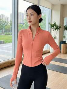 Chaqueta de yoga Y2K ajustada con cremallera y mangas largas con abertura para pulgar - Polvo de pomelo - Ver 3
